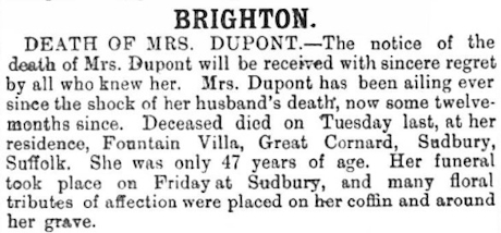 Newspaper cutting announcing the death of mrs dupont