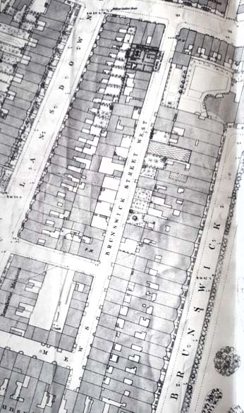 Detail of old map of Brunswick Town showing houses and streets