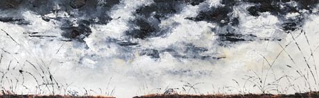 Oil painting depicting a dark and wild sky above a flat plain grass foreground