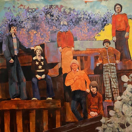 Painting depicting seven boys standing on various parts of an abstract structure