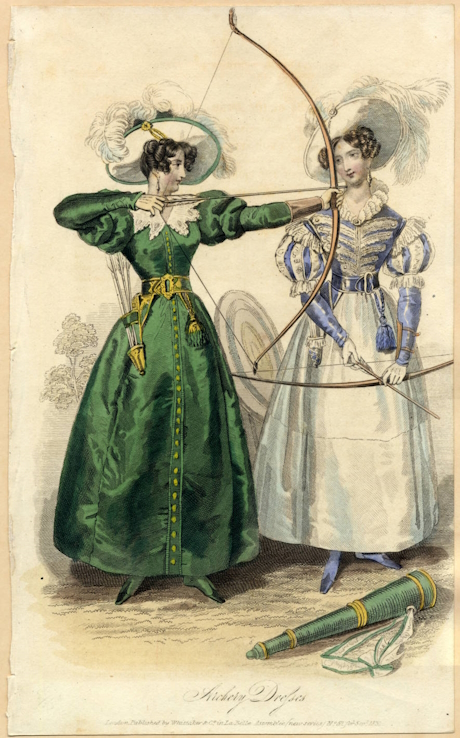Colour drawing of a lady in clothes suitable for archery