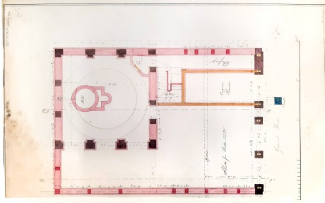 Ground floor plan of a well, pump, shed for watering carts and fire engine