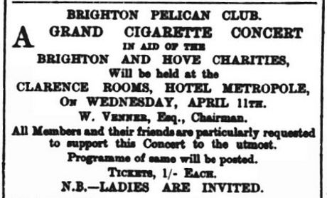 Advert from Brighton Gazette - Thursday 29 March 1894 advertising an event at the Pelican Club