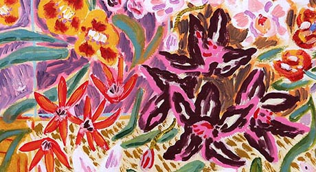Detail of abstract painting of flowers in vivid reds, oranges and purples