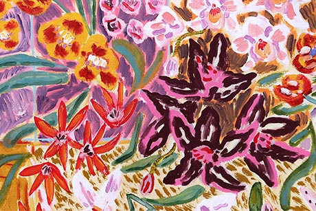 Abstract painting of flowers in vivid reds, oranges and purples