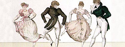 Coloured etching depicting two men and two women dancing in Regency costume