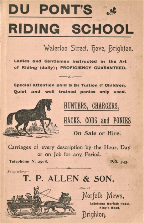 Image of a flyer for Du Pont's riding school in Waterloo Street