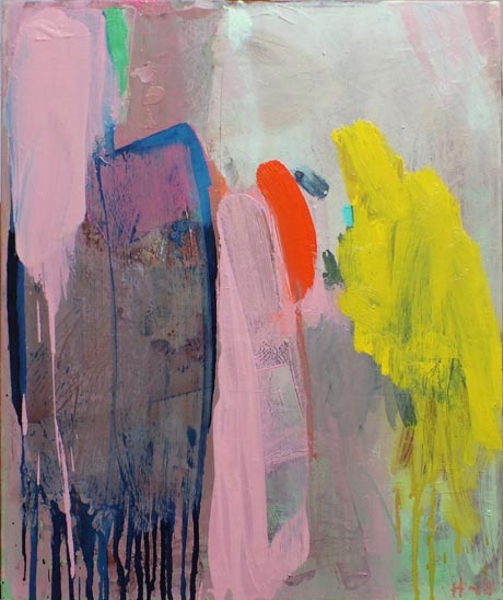 Abstract oil painting in grey, blue, pink and yellow.