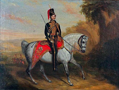 Oil painting of an officer mounted on a white horse that is dressed with a bright red saddle cloth. The officer is in a dark uniform decorated with gold braid and wearing a plumed hat. He is holding a drawn sword in his right hand. The picture is set in a natural landscape.