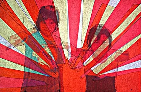 Painting, background image of two boys, overlaid with red sunburst