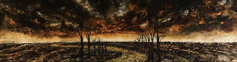 Painting depicting a path leading between stunted black trees to a landscape of browns and yellows beneath a similar coloured sky