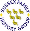  Logo: six yellow martlet birds surrounded by a circular arrangement of the words Sussex Family History Group