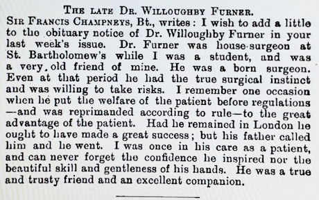 Newspaper cutting of the obituary of the late Doctor Willoughby Furner