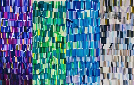 Artwork comprising four areas of strips of translucent material, each in mauve green, blue and grey. 