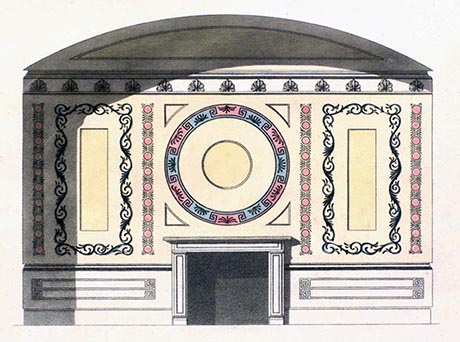 Wall design comprising pink motifs arranged in vertical lines flanking decorative black and yellow panels, with a large blue and pink circular design above a central fireplace