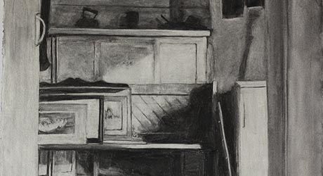 Charcoal drawing of cottage interior, view through door to shelves and cupboards 