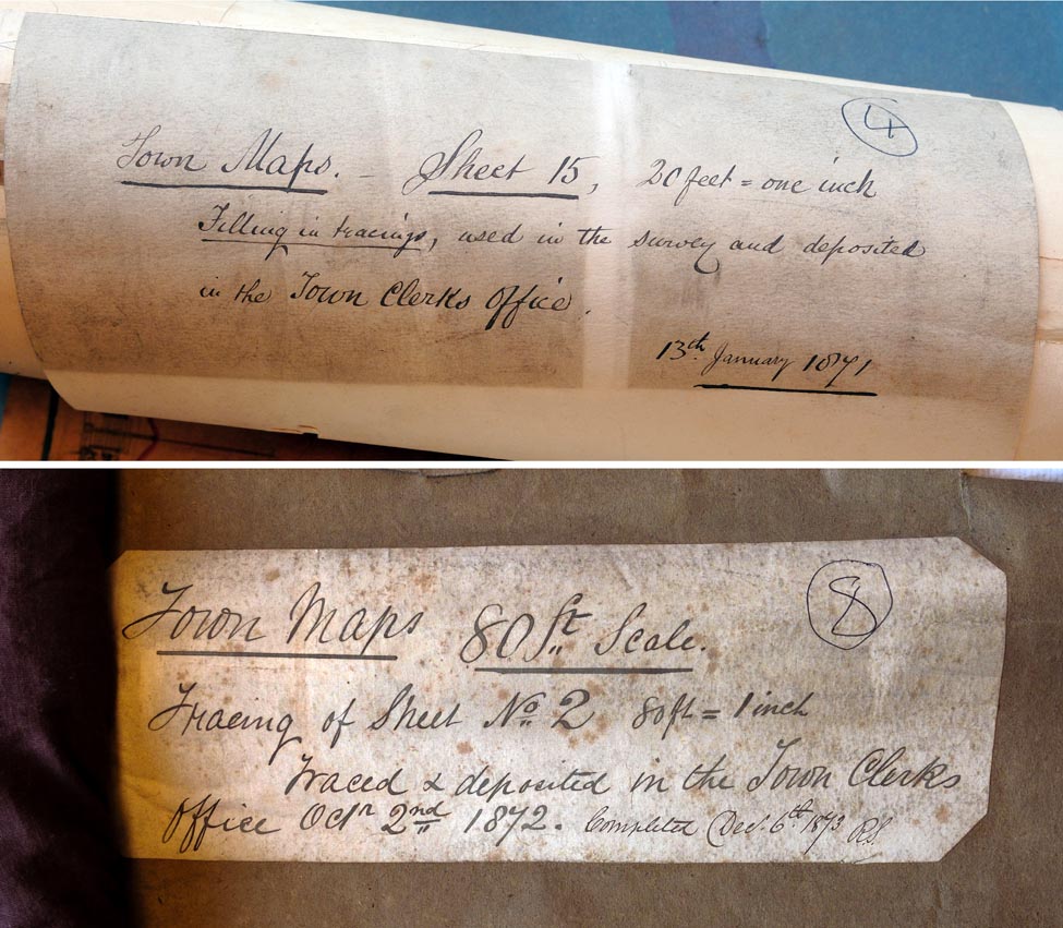Two labels off the town plans, handwritten and dated 1871 and 1872