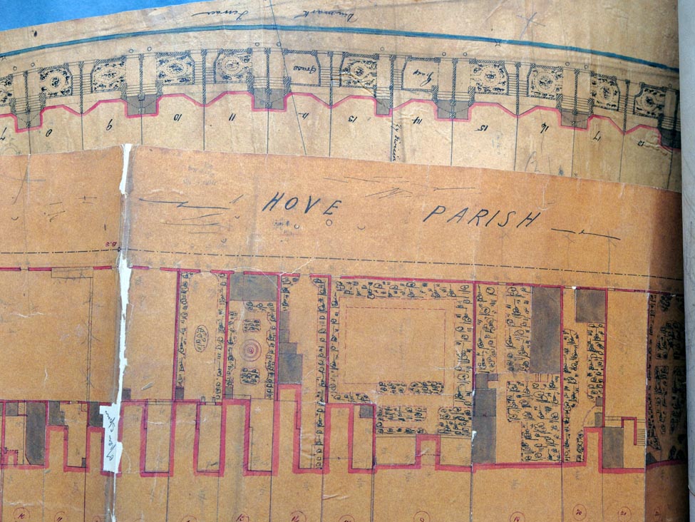 Close up of town plans showing house outlines and garden detail