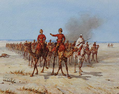 Watercolour painting depicting a group of soldiers in red uniforms mounted on camels in a flat desert landscape, there is smoke rising in the distance.