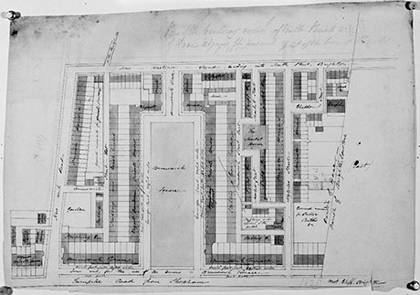 Original architect's plan of Brunswick Town, showing buildings, and streets.