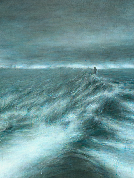 Painting, an abstract seascape with distant figure, in turquoise blues, white and grey