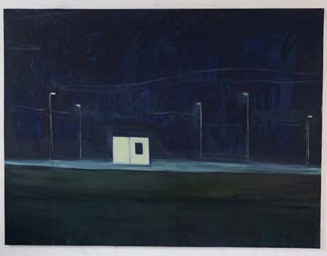 Painting, a largely dark canvas with a single small building illuminated at its centre