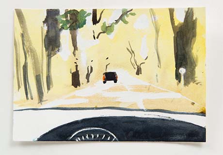 Painting showing view through car windscreen of yellow scenery and a car in the distance