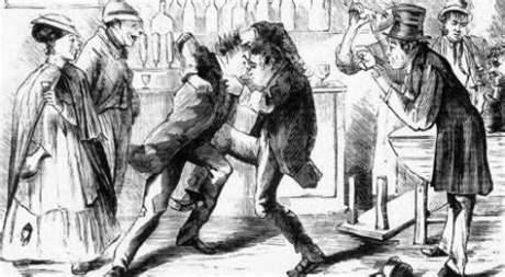 Cartoon of a Victorian pub brawl