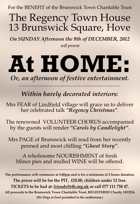 Image of a poster advertising an event at The Regency Town House on the afternoon of 9th November 2012. See below for the full transcription.