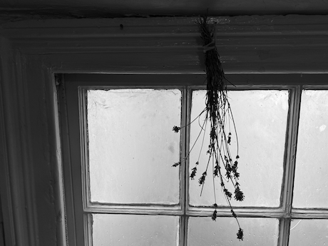 Limewashed hay loft above our stable