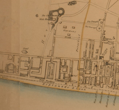 An 1834 map showing open fields to the north of Brunswick Square