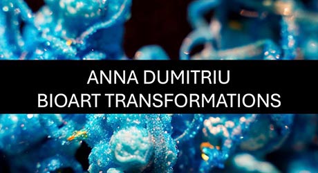 Exhibition title text in white on black, against a background of abstract glittering blue shapes.