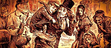 1843 illustration showing Bob Cratchit carrying Tiny Tim on his back as others look.