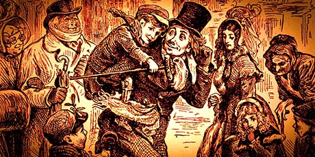 1843 illustration showing Bob Cratchit carrying Tiny Tim on his back as others look.