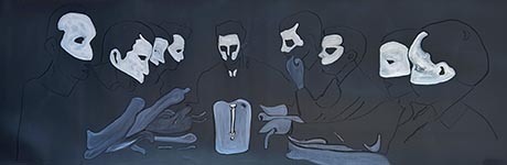 Oil and charcoal drawing showing nine figures grouped around a table. The drawing is dark and the figures are outlined in black, each is wearing a white face mask. 