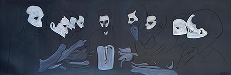 Paintng showing nine people seated around a table. They are in dark clothing with white faces, set against a black background.