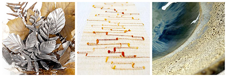 Three close-up photos of sculpture, textile and ceramic arts