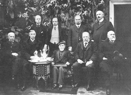 A monochrome photo of a group of people