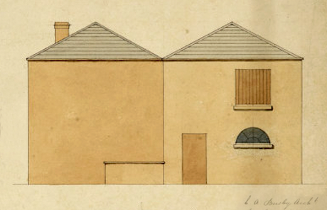 C A Busby drawing of front elevation for a Brighton stable, 1828