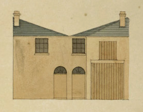 C A Busby drawing of front elevation for a Brighton stable, 1828.
