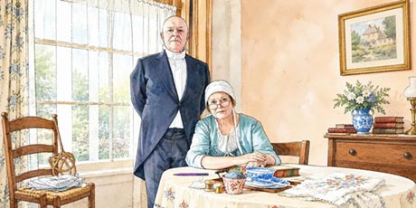 Image of Victorian housekeeper sat at a table, with the butler standing beside her.