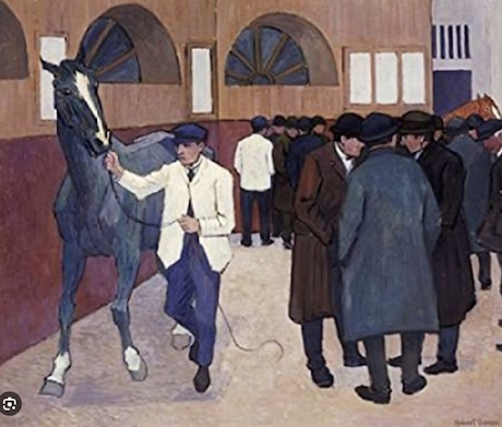 A colour painting of some horses and people