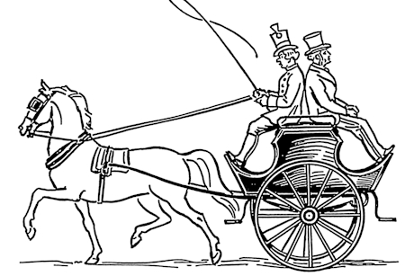 Monochrome line drawing of a horse and cart