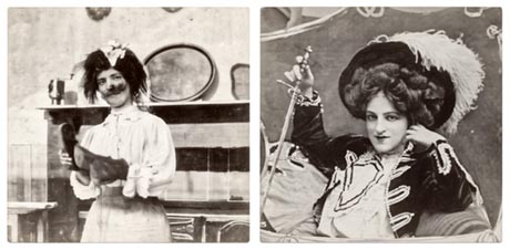 Two old photos: on the left, Laura Bayley as a shoeshine woman, on the right, Nell Emerald wearing a plumed hat and holding a sword.