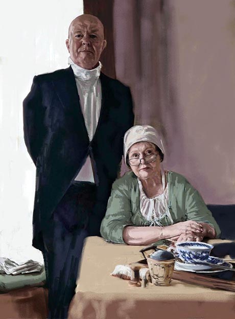Image in painterly style of a housekeeper, seated and wearing a green dress and white bonnet. A butler stands behind her, he is wearing a dark suit and a white high-collared shirt