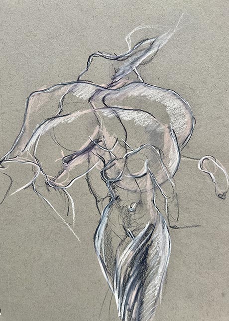 Abstract sketch in pencil and chalks of the female form in motion