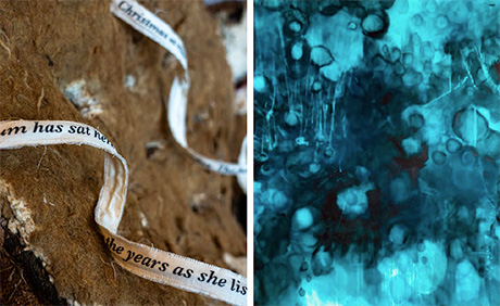 A photo close up of a deconstructed armchair and an abstract painting in blue and black