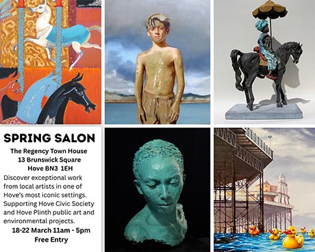 Grid arrangement of five artworks and exhibition text.