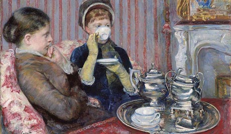Painting made in 1880 depicting two ladies seated indoors, one of whom is drinking tea.