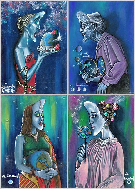 Grid of four paintings, depicting caricature figures with distorted facial features. 